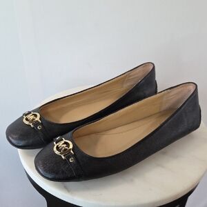Michael Kors Black Leather Logo-Embellished Ballet Flats Size 9